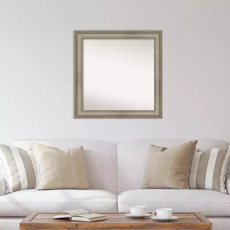 Miroir mural carré étroit en bois, 32" x 32", sans biseau, argent antique, Amanti Art : Moderne, incluant le matériel de montage