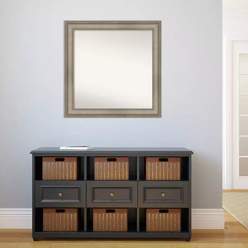 Miroir mural carré étroit en bois, 32" x 32", sans biseau, argent antique, Amanti Art : Moderne, incluant le matériel de montage
