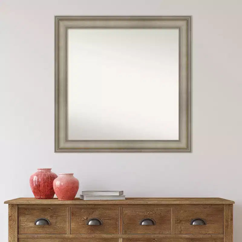 Miroir mural carré étroit en bois, 32" x 32", sans biseau, argent antique, Amanti Art : Moderne, incluant le matériel de montage