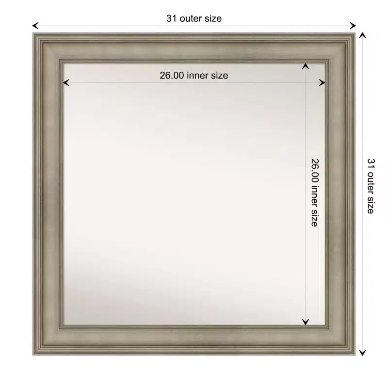 Miroir mural carré étroit en bois, 32" x 32", sans biseau, argent antique, Amanti Art : Moderne, incluant le matériel de montage
