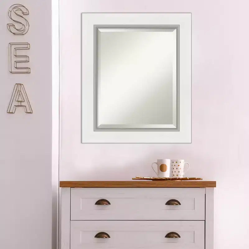 22" x 26" Eva White Framed Wall Mirror Silver - Amanti Art: Modern Beveled, No Assembly Required