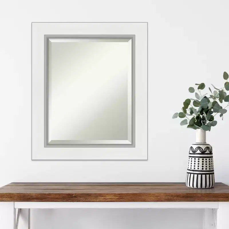 22" x 26" Eva White Framed Wall Mirror Silver - Amanti Art: Modern Beveled, No Assembly Required