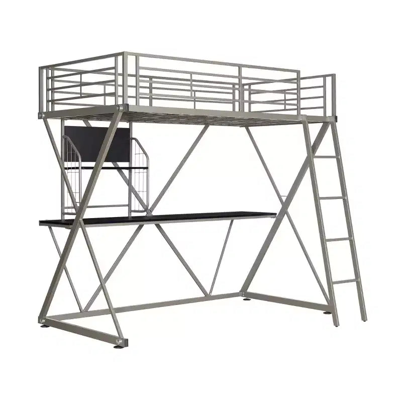 Powell Zachary Modern Industrial Pewter Metal Kids' Twin Loft Bed with Built in Study Desk