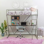 Powell Zachary Modern Industrial Pewter Metal Kids' Twin Loft Bed with Built in Study Desk