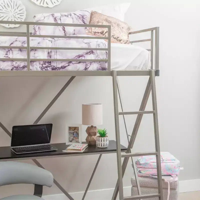 Powell Zachary Modern Industrial Pewter Metal Kids' Twin Loft Bed with Built in Study Desk