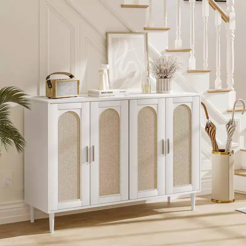 Garvee Rattan Sideboard Buffet Cabinet, 4 Doors Accent Storage Cabinet, Console Table Coffee Bar,Adjustable Shelves for Kitchen, Hallway, Living Room