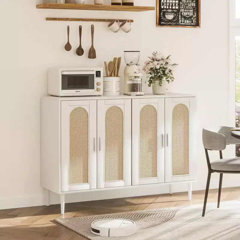 Garvee Rattan Sideboard Buffet Cabinet, 4 Doors Accent Storage Cabinet, Console Table Coffee Bar,Adjustable Shelves for Kitchen, Hallway, Living Room