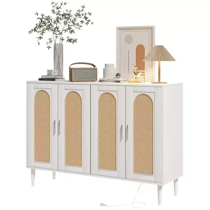 Garvee Rattan Sideboard Buffet Cabinet, 4 Doors Accent Storage Cabinet, Console Table Coffee Bar,Adjustable Shelves for Kitchen, Hallway, Living Room