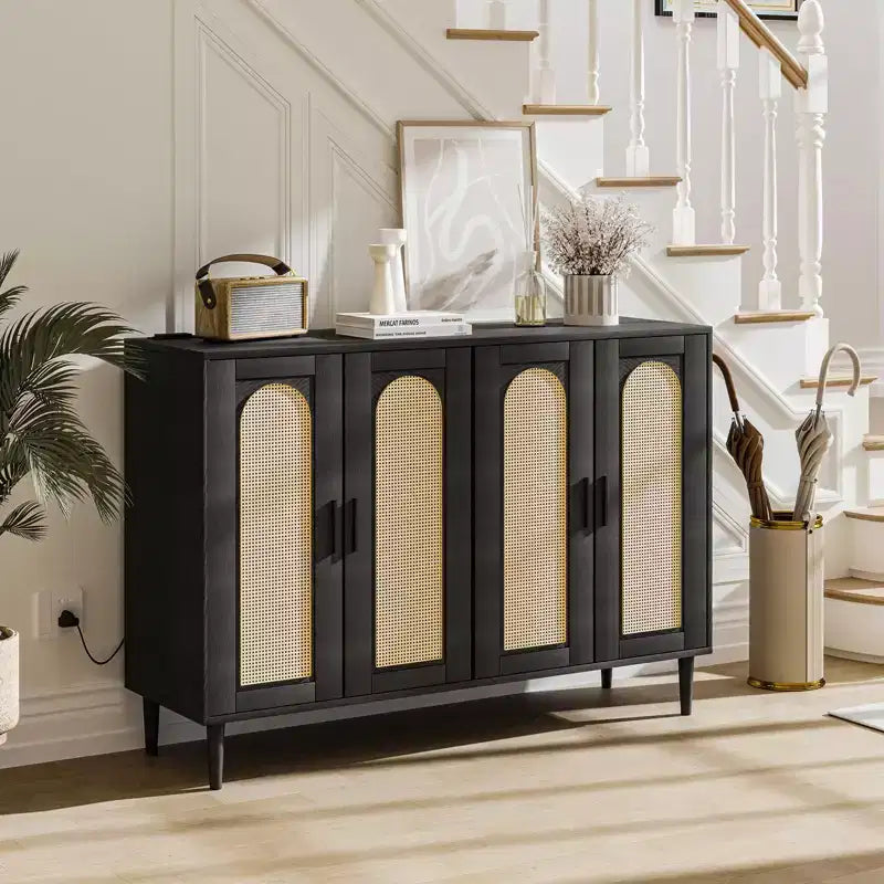 Garvee Rattan Sideboard Buffet Cabinet, 4 Doors Accent Storage Cabinet, Console Table Coffee Bar,Adjustable Shelves for Kitchen, Hallway, Living Room