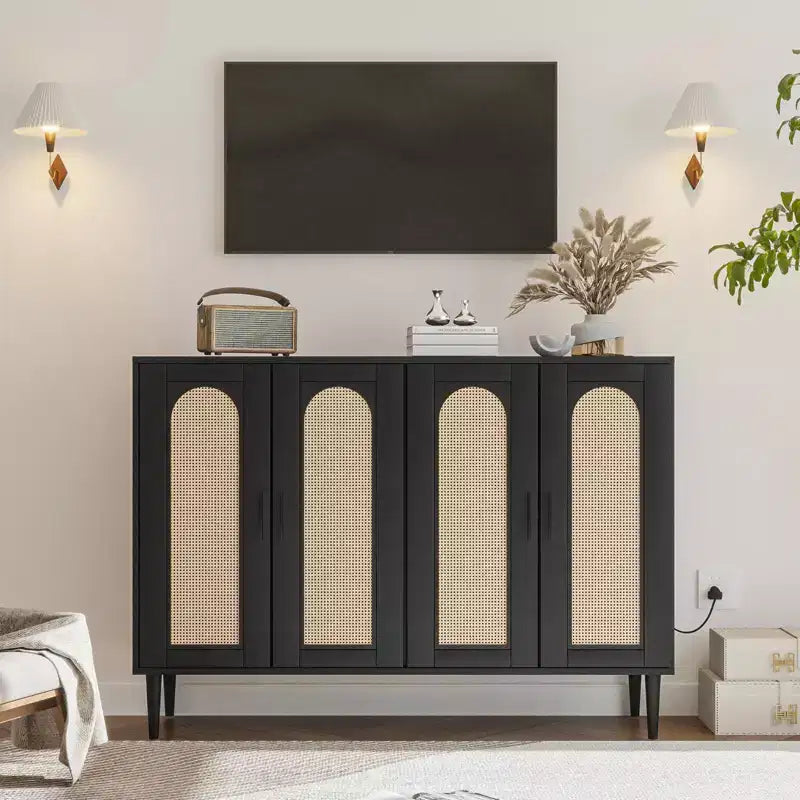Garvee Rattan Sideboard Buffet Cabinet, 4 Doors Accent Storage Cabinet, Console Table Coffee Bar,Adjustable Shelves for Kitchen, Hallway, Living Room