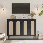 Garvee Rattan Sideboard Buffet Cabinet, 4 Doors Accent Storage Cabinet, Console Table Coffee Bar,Adjustable Shelves for Kitchen, Hallway, Living Room
