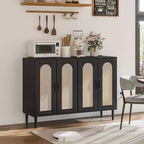 Garvee Rattan Sideboard Buffet Cabinet, 4 Doors Accent Storage Cabinet, Console Table Coffee Bar,Adjustable Shelves for Kitchen, Hallway, Living Room