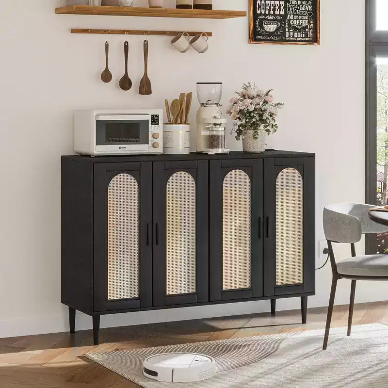Garvee Rattan Sideboard Buffet Cabinet, 4 Doors Accent Storage Cabinet, Console Table Coffee Bar,Adjustable Shelves for Kitchen, Hallway, Living Room