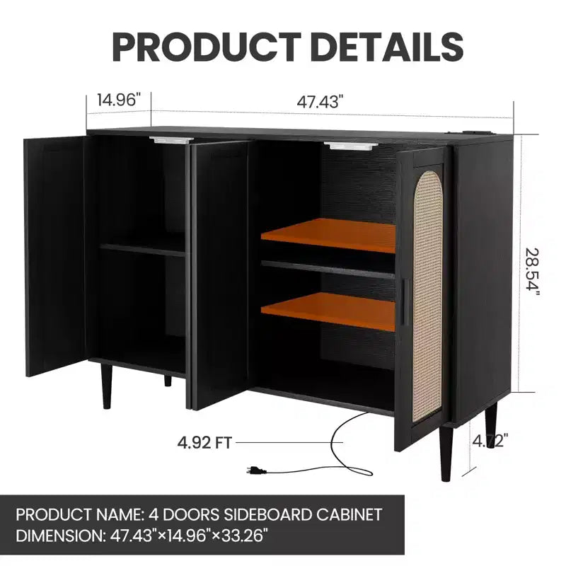 Garvee Rattan Sideboard Buffet Cabinet, 4 Doors Accent Storage Cabinet, Console Table Coffee Bar,Adjustable Shelves for Kitchen, Hallway, Living Room