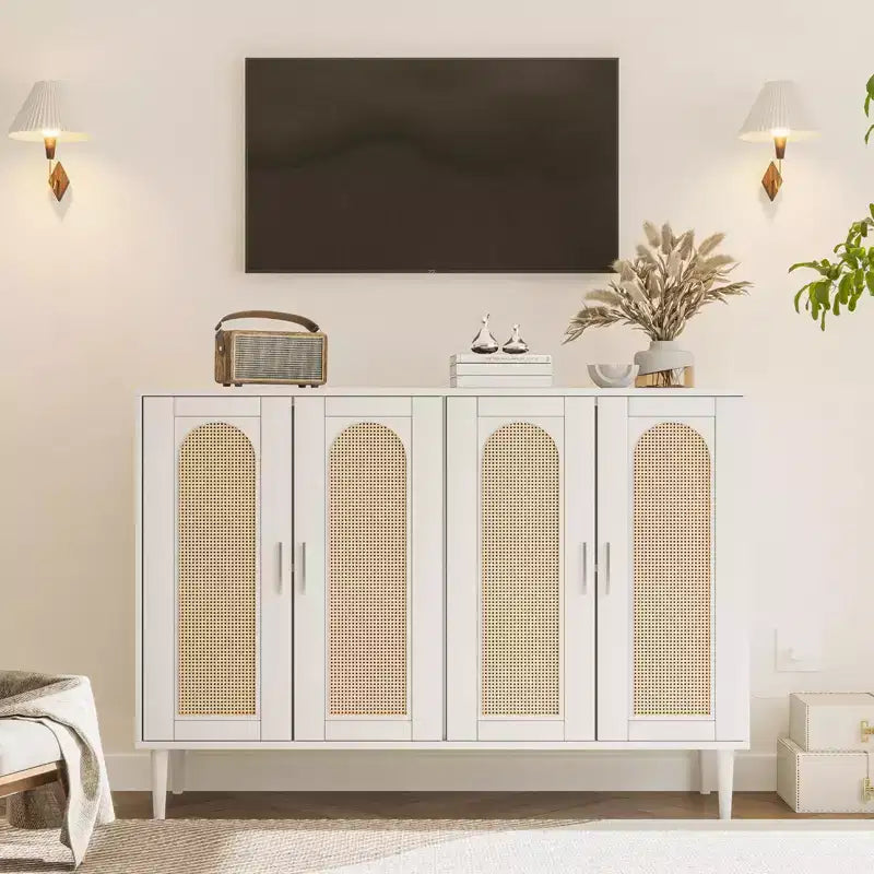 Garvee Rattan Sideboard Buffet Cabinet, 4 Doors Accent Storage Cabinet, Console Table Coffee Bar,Adjustable Shelves for Kitchen, Hallway, Living Room