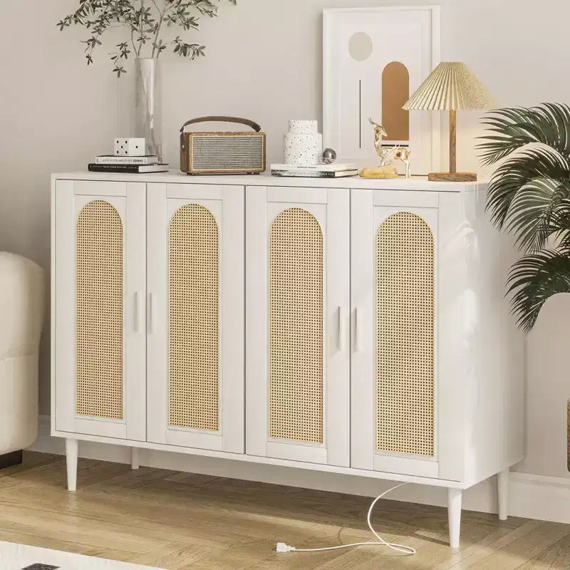 Garvee Rattan Sideboard Buffet Cabinet, 4 Doors Accent Storage Cabinet, Console Table Coffee Bar,Adjustable Shelves for Kitchen, Hallway, Living Room