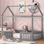 Twin/Full Size Wood House Bed with Fence and Door 4N - ModernLuxe