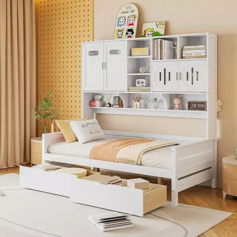 Twin/Full Size Wooden Daybed with 2 Drawers, All-in-One Cabinet and Shelves - ModernLuxe