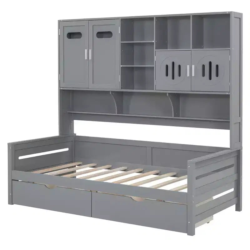 Twin/Full Size Wooden Daybed with 2 Drawers, All-in-One Cabinet and Shelves - ModernLuxe