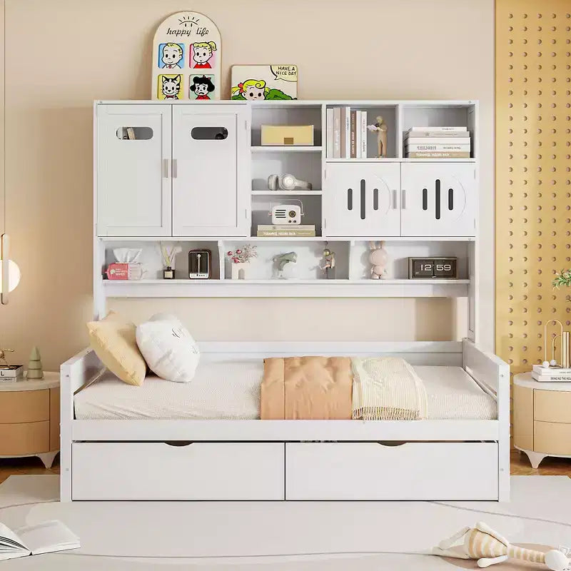 Twin/Full Size Wooden Daybed with 2 Drawers, All-in-One Cabinet and Shelves - ModernLuxe