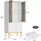 Modern Fluted Storage Cabinet with Glass Door and 2 Drawers, Adjustable Shelves, Gold Accents, MDF Build for Kitchen, Living Room, Office