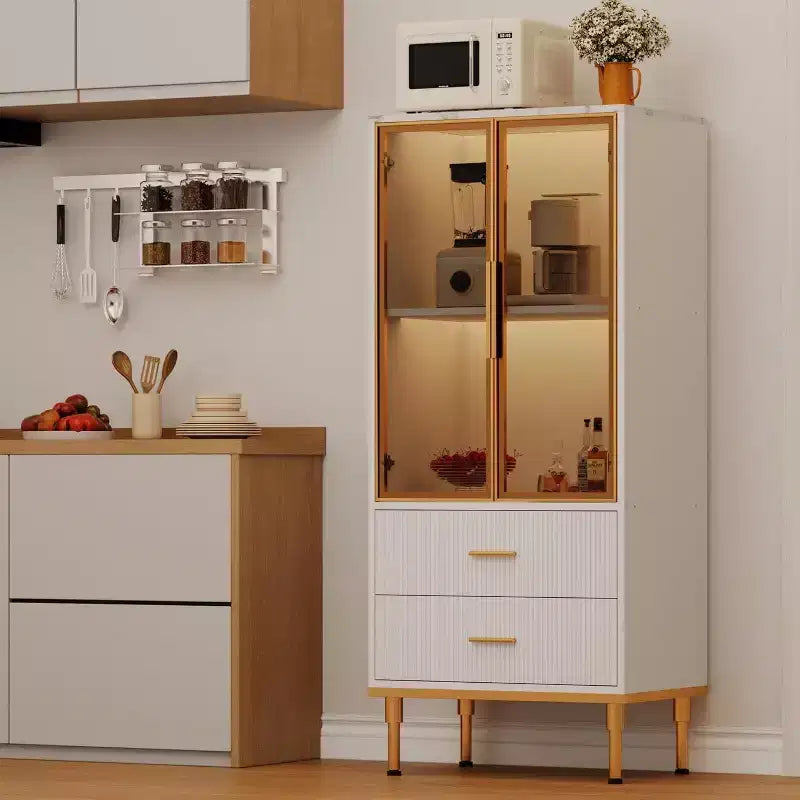 Modern Fluted Storage Cabinet with Glass Door and 2 Drawers, Adjustable Shelves, Gold Accents, MDF Build for Kitchen, Living Room, Office
