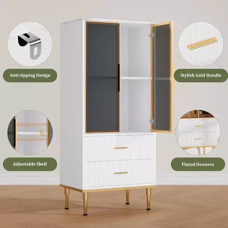 Modern Fluted Storage Cabinet with Glass Door and 2 Drawers, Adjustable Shelves, Gold Accents, MDF Build for Kitchen, Living Room, Office