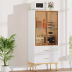 Modern Fluted Storage Cabinet with Glass Door and 2 Drawers, Adjustable Shelves, Gold Accents, MDF Build for Kitchen, Living Room, Office