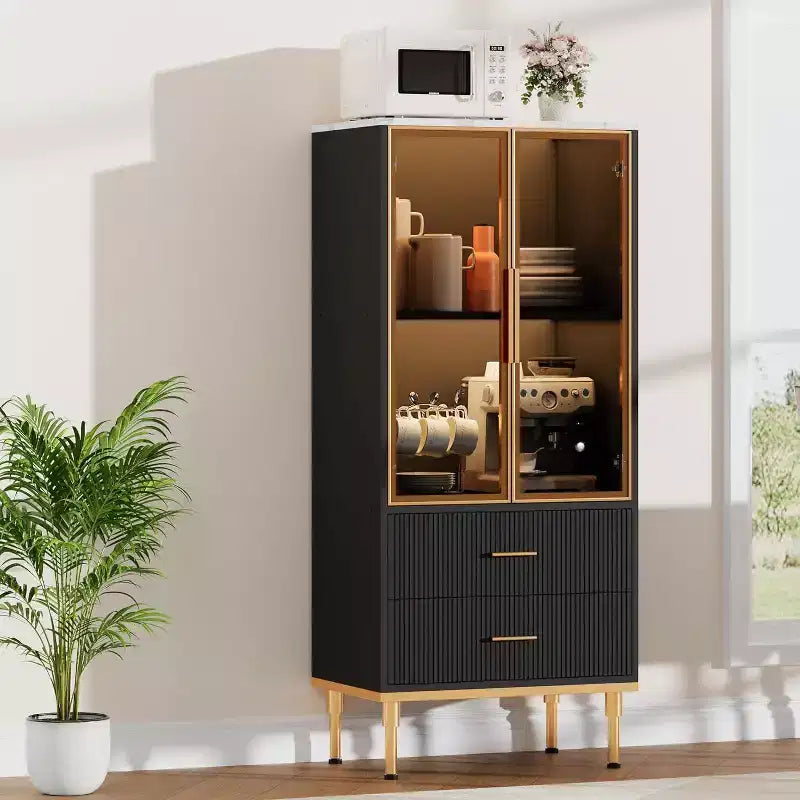 Modern Fluted Storage Cabinet with Glass Door and 2 Drawers, Adjustable Shelves, Gold Accents, MDF Build for Kitchen, Living Room, Office