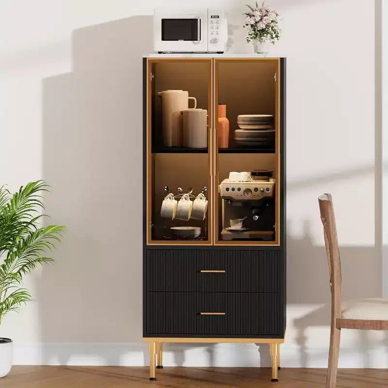 Modern Fluted Storage Cabinet with Glass Door and 2 Drawers, Adjustable Shelves, Gold Accents, MDF Build for Kitchen, Living Room, Office