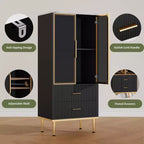 Modern Fluted Storage Cabinet with Glass Door and 2 Drawers, Adjustable Shelves, Gold Accents, MDF Build for Kitchen, Living Room, Office