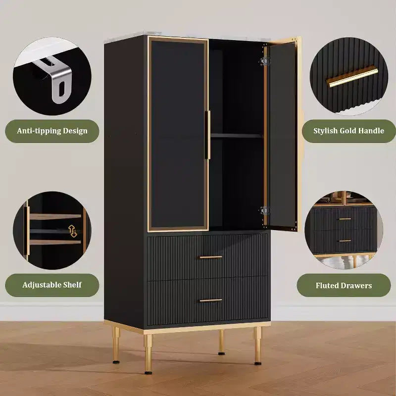 Modern Fluted Storage Cabinet with Glass Door and 2 Drawers, Adjustable Shelves, Gold Accents, MDF Build for Kitchen, Living Room, Office