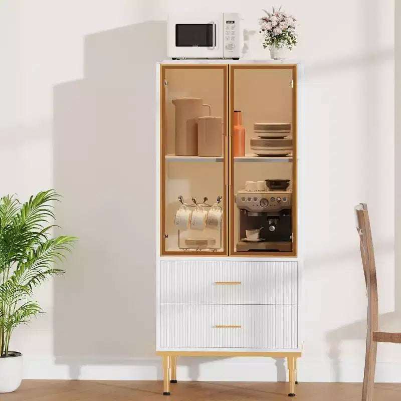 Modern Fluted Storage Cabinet with Glass Door and 2 Drawers, Adjustable Shelves, Gold Accents, MDF Build for Kitchen, Living Room, Office