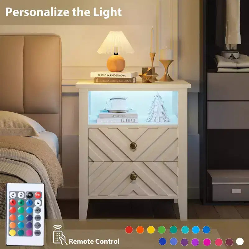 Table de Chevet LED Élégante WhizMax avec 2 Tiroirs de Rangement et Lumières Colorées Télécommandées - Parfaite pour les Chambres Modernes