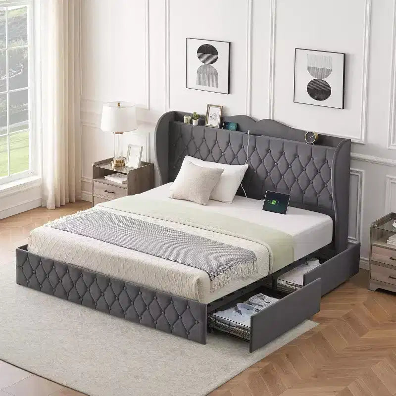Acekool Velvet Upholstered Bed Frame with 4 Storage Drawers & Charging Station, Diamond Button-Tufted Design