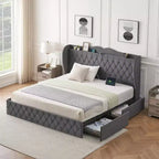 Acekool Velvet Upholstered Bed Frame with 4 Storage Drawers & Charging Station, Diamond Button-Tufted Design