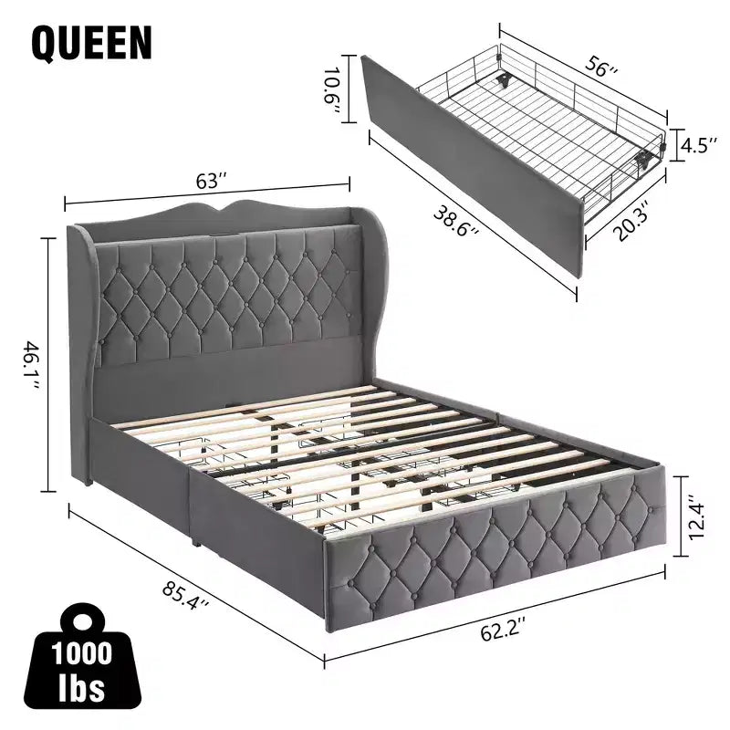 Acekool Velvet Upholstered Bed Frame with 4 Storage Drawers & Charging Station, Diamond Button-Tufted Design