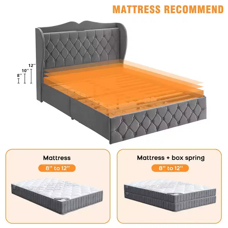 Acekool Velvet Upholstered Bed Frame with 4 Storage Drawers & Charging Station, Diamond Button-Tufted Design