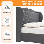 Acekool Velvet Upholstered Bed Frame with 4 Storage Drawers & Charging Station, Diamond Button-Tufted Design