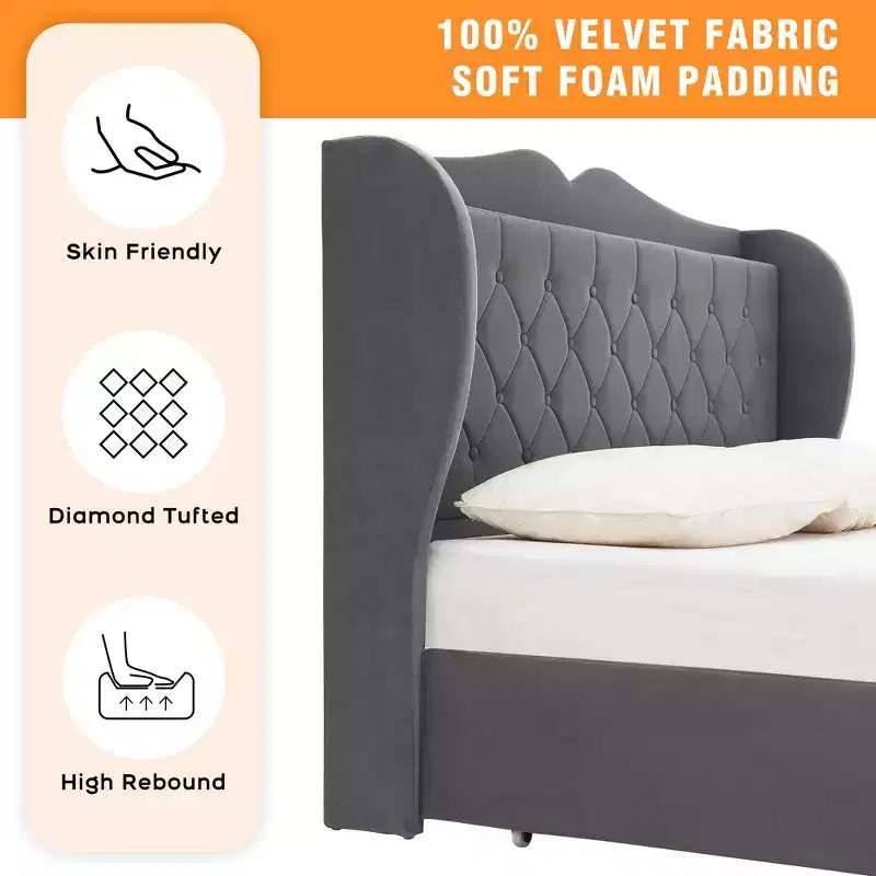 Acekool Velvet Upholstered Bed Frame with 4 Storage Drawers & Charging Station, Diamond Button-Tufted Design