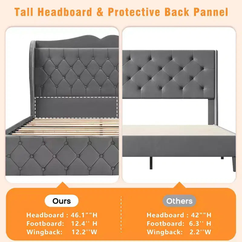 Acekool Velvet Upholstered Bed Frame with 4 Storage Drawers & Charging Station, Diamond Button-Tufted Design