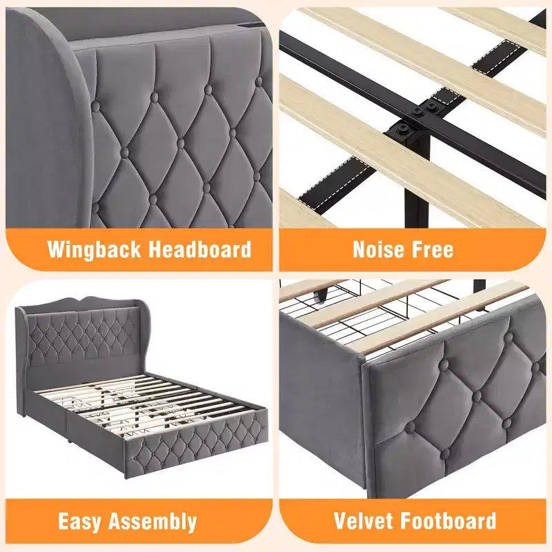 Acekool Velvet Upholstered Bed Frame with 4 Storage Drawers & Charging Station, Diamond Button-Tufted Design