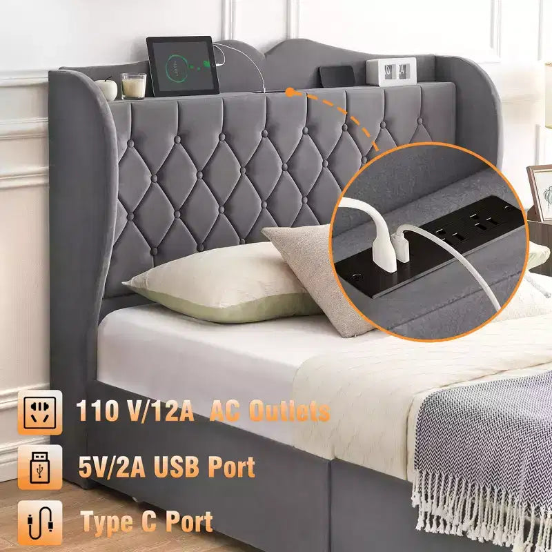 Acekool Velvet Upholstered Bed Frame with 4 Storage Drawers & Charging Station, Diamond Button-Tufted Design