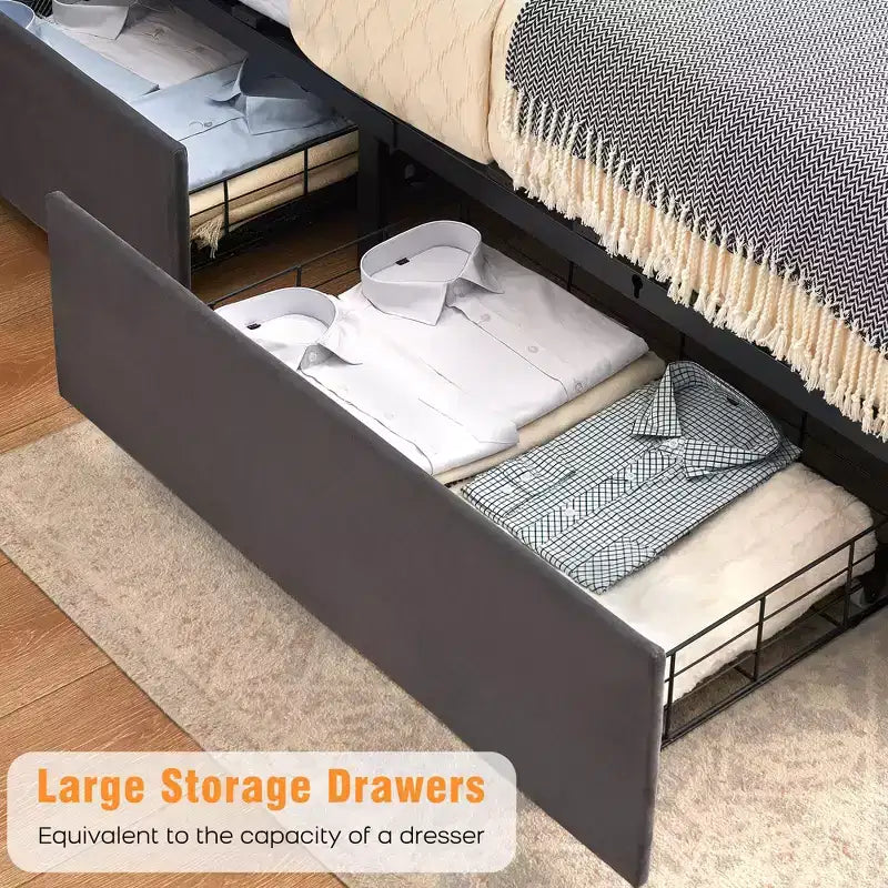 Acekool Velvet Upholstered Bed Frame with 4 Storage Drawers & Charging Station, Diamond Button-Tufted Design