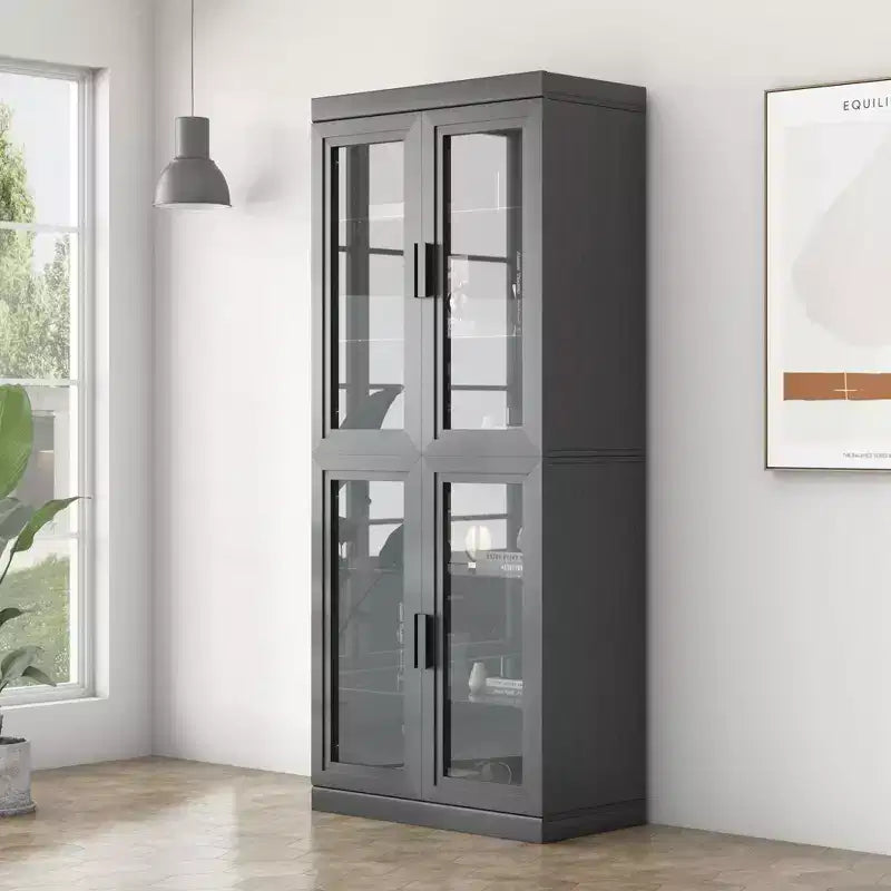 Meuble de rangement d'appoint en bois noir 72x31x16, organisateur de rangement avec étagères réglables et portes vitrées pour cuisine, chambre, salon/salle à manger