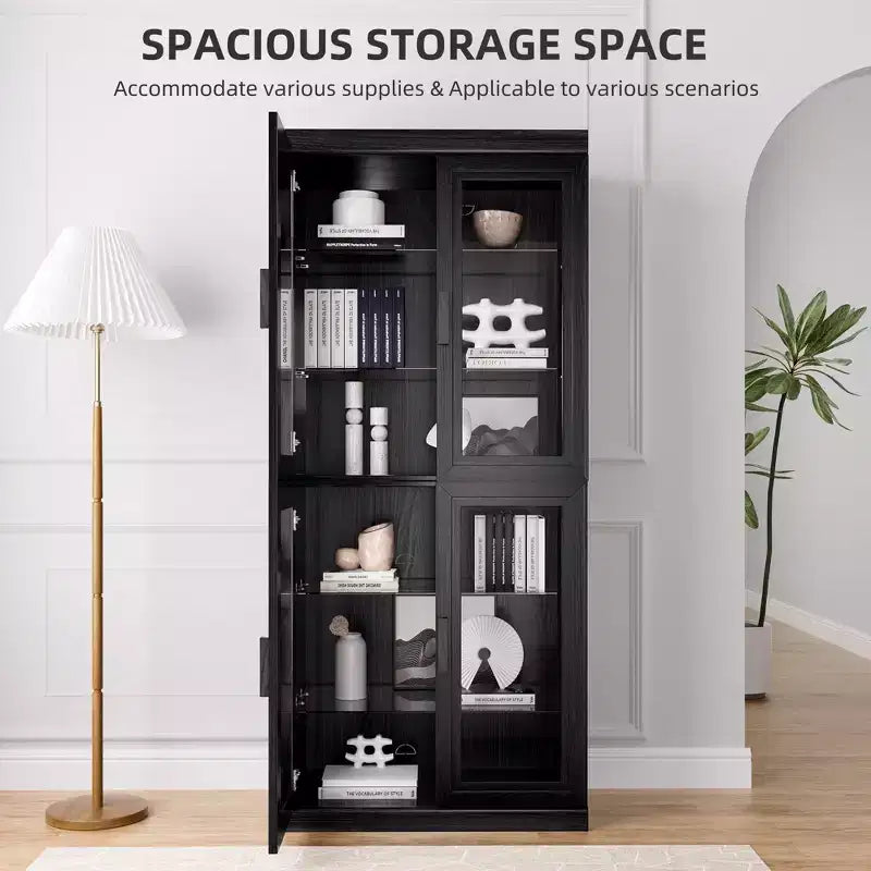 Meuble de rangement d'appoint en bois noir 72x31x16, organisateur de rangement avec étagères réglables et portes vitrées pour cuisine, chambre, salon/salle à manger