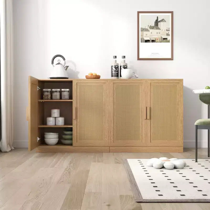 31x31x16 Wood Grain Buffet Cabinet, Storage Organizer with Adjustable Shelves and Rattan Doors for Kitchen Bedroom Living/Dinning Room