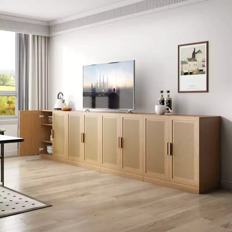 31x31x16 Wood Grain Buffet Cabinet, Storage Organizer with Adjustable Shelves and Rattan Doors for Kitchen Bedroom Living/Dinning Room