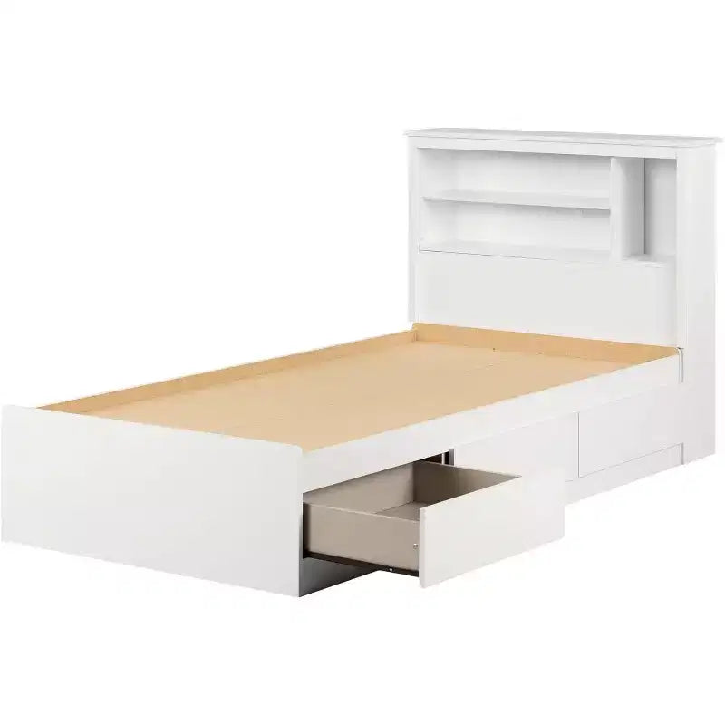 Lit HomeStock de 101,6 cm de hauteur, taille double, blanc, avec bibliothèque intégrée, en panneaux de particules