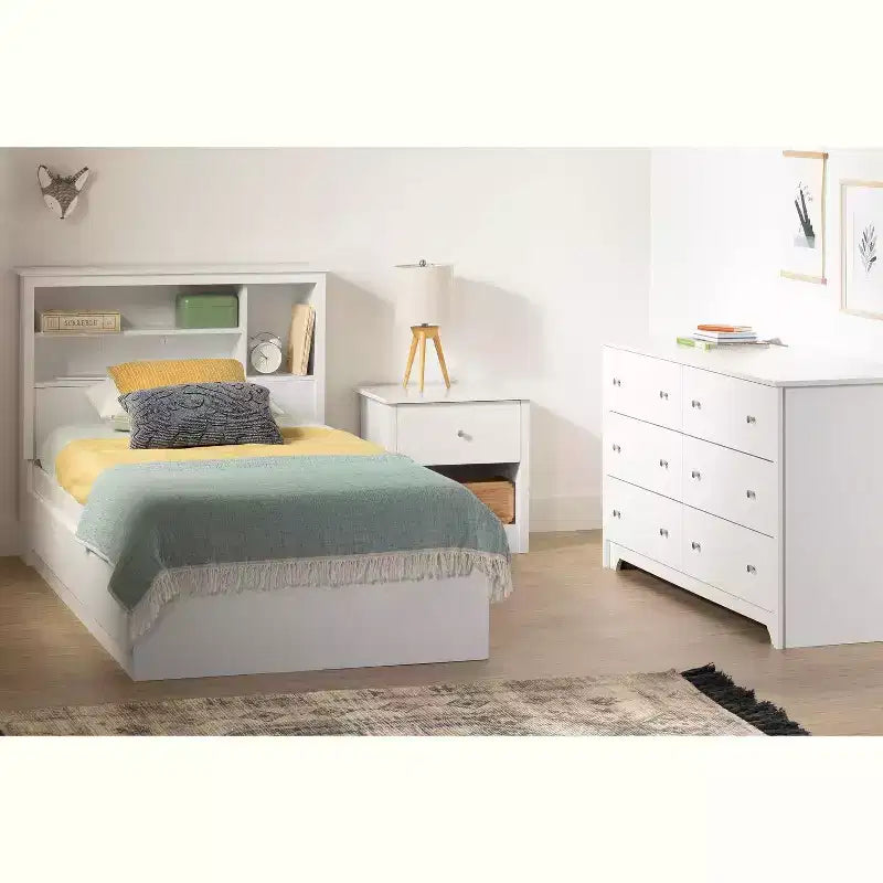 Lit HomeStock de 101,6 cm de hauteur, taille double, blanc, avec bibliothèque intégrée, en panneaux de particules